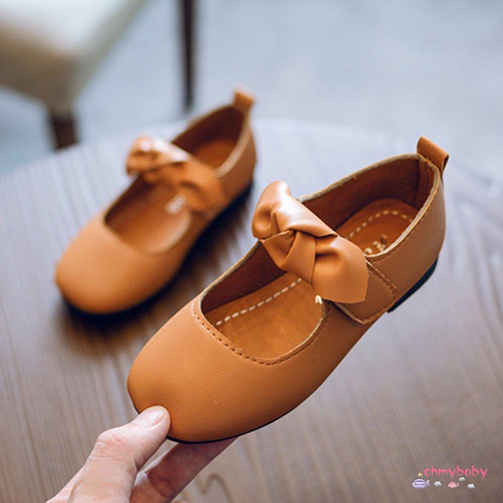Solid Color Children PU Leather Shoes with Removable Bowknot Decor for Girls