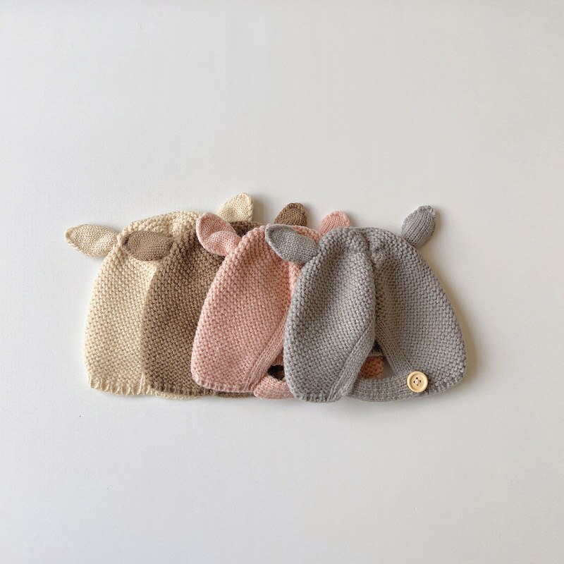 Mũ Beanie Dệt Kim Màu Trơn Đính Tai Thỏ Hoạt Hình Giữ Ấm Mùa Thu Đông Cho Bé Sơ Sinh