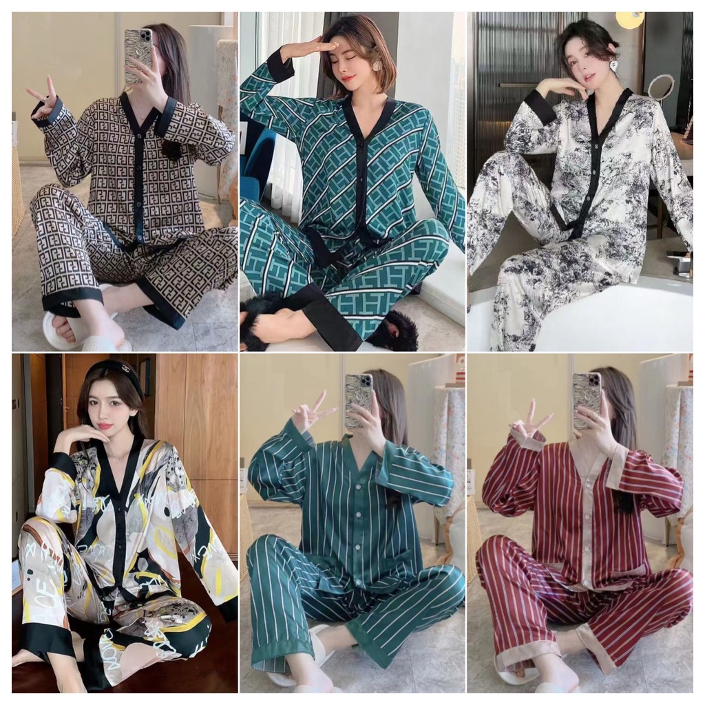 Bộ Đồ Ngủ Bằng Lụa Satin Cổ Chữ V Tay Dài Có 9 Kiểu Thiết Kế Nổi Tiếng Terno Priint 2023 Mới