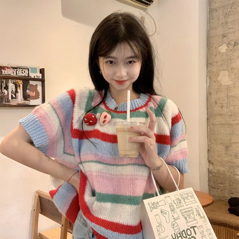 Áo Sweater Dệt Kim Tay Ngắn Kẻ Sọc Dễ Thương Thời Trang Xuân Hè Cho Nữ