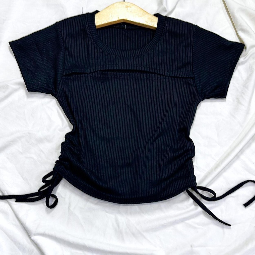 Áo thun nữ hở ngực rút dây eo, áo Gân croptop nữ khoét ngực
