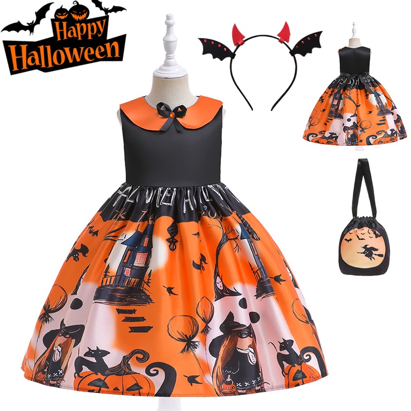 Đầm Hóa Trang Halloween Phối Lưới Phù Thủy Cho Bé Gái Mẫu Mới 2023 3-10 Tuổi