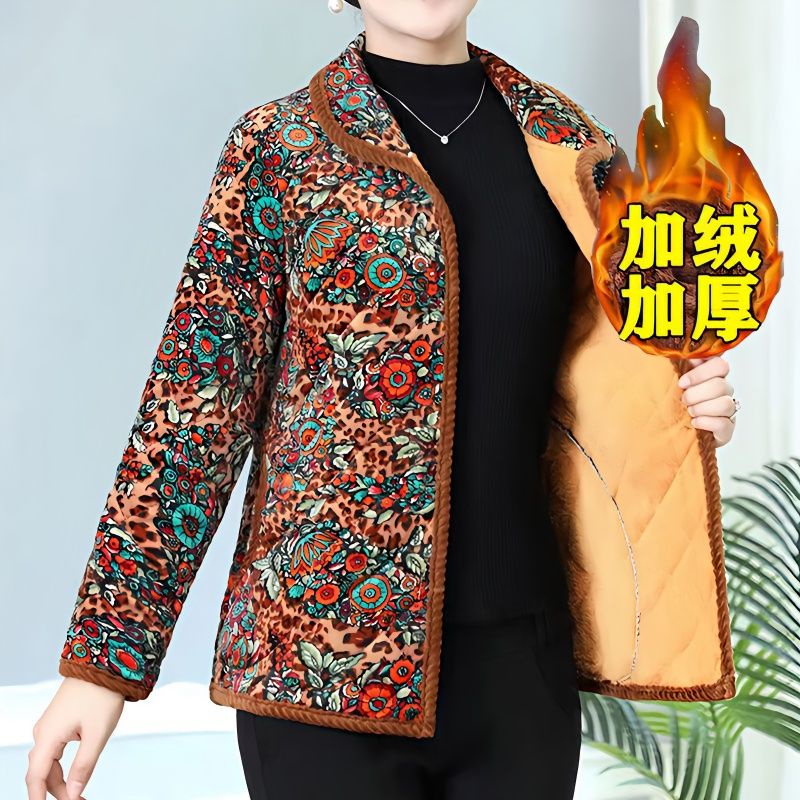 Áo Khoác Đệm Lông Cừu Dày Dặn Dáng Rộng In Hoa Nhỏ Thời Trang Thu Đông Cho Nữ Trung Niên