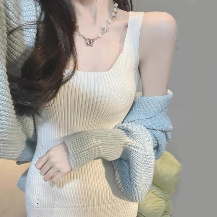 SUXI Bộ Áo Dệt Kim Tay Dài Dáng Rộng Màu Sắc Trơn + Đầm Sát Nách Ôm Dáng Thời Trang Mùa Thu