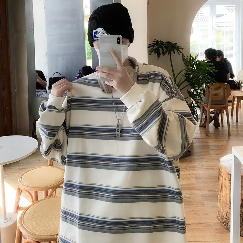 Áo Thun Tay Dài Cổ Tròn Họa Tiết Kẻ Sọc Đơn Giản Thời Trang Cho Nam