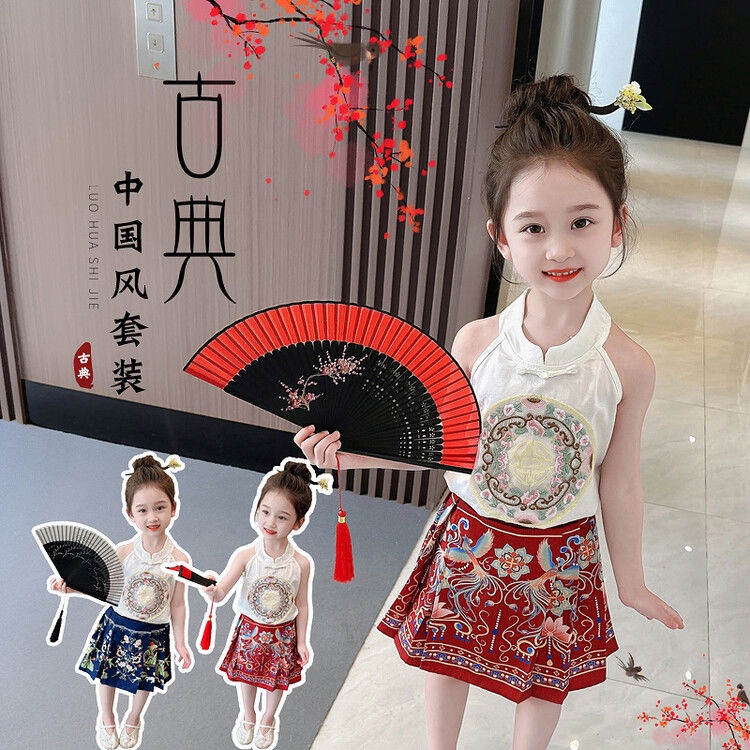 Váy Mặt Ngựa Bộ Đồ Bé Gái Phong Cách Trung Hoa Thêu Không Tay Trung Nhỏ Bé Gái Ming Made Hanfu Cổ Mùa Hè Phong Cách Mỏng Đường Phù Hợp Với Top Không Có Nút Kích Thước 90-140