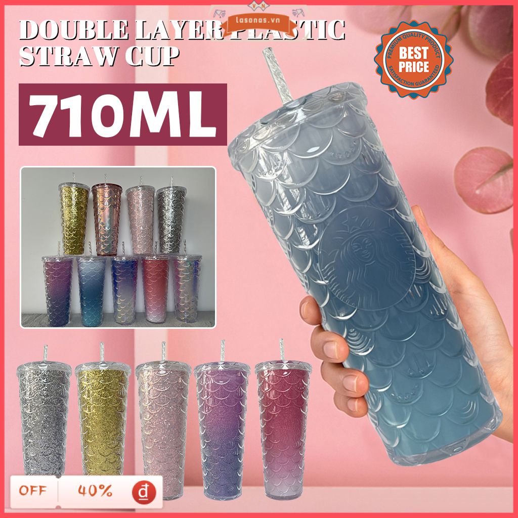 【lasonas】 Starbucks 710ml/24oz Cốc cà phê sáng tạo Gradient hai lớp Bình nước uống vảy cá Cốc rơm Bình thủy tinh bằng nhựa