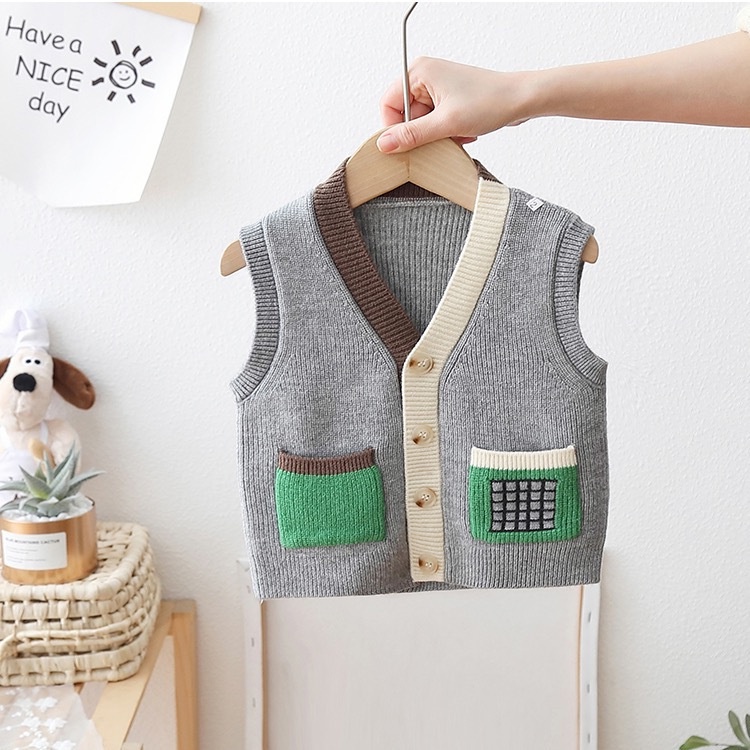 Bé trai áo len vest cardigan thời trang trẻ em áo ghi lê mùa xuân mặc ngoài cho bé 2023 phong cách mới trẻ em áo vest dệt kim