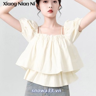 Áo khoác XIANG NIAN NI cổ vuông tay ngắn phồng phối dây vai sang trọng thời trang mùa hè dành cho nữ