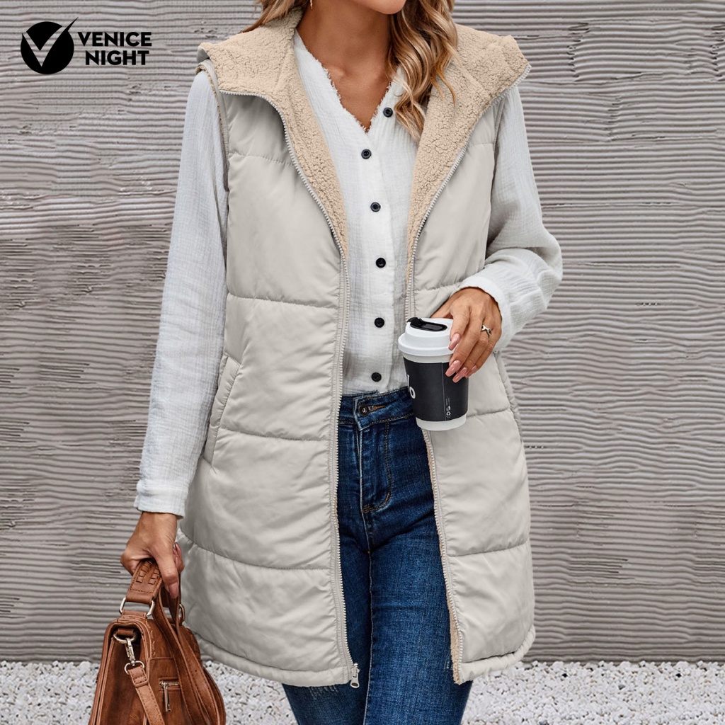 Women reversible tank top women áo khoác lông cừu không tay áo khoác nữ có mũ trùm đầu có thể đảo ngược áo khoác vest không tay áo khoác lót lông cừu dài giữa màu sắc dài cho mùa thu / mùa đông