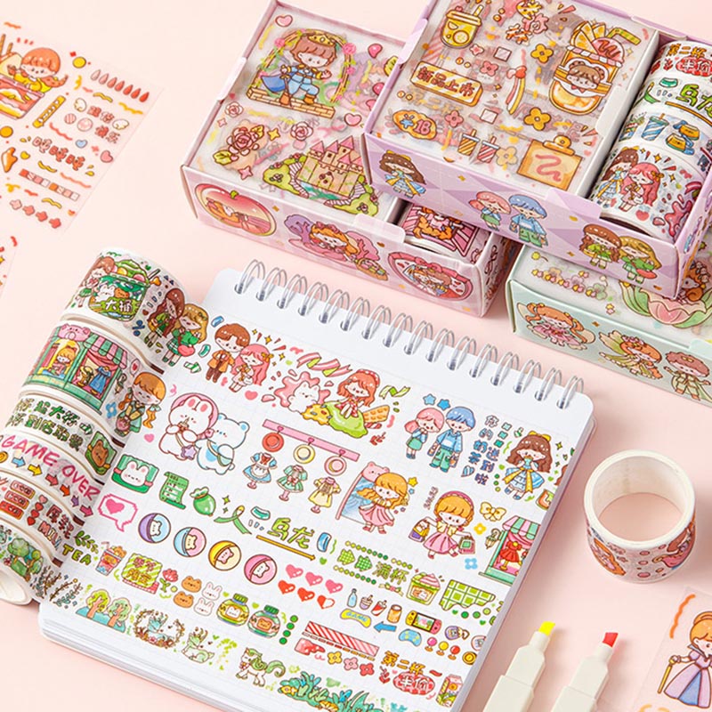 Hộp 8 món băng keo dính Washi tape + sticker dán trang trí sổ lưu niệm DIY hoa tiết hoạt hình cute OUYOUVN
