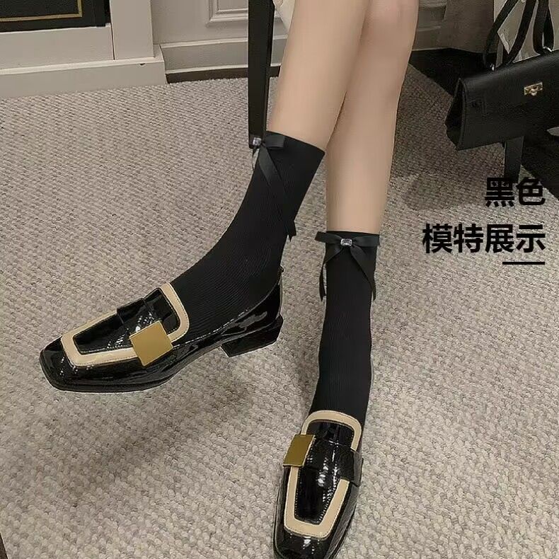 Vớ nơ phong cách múa ba lê mùa xuân và mùa thu tất mỏng dài trung bình phiên bản hàn quốc vớ xếp chồng