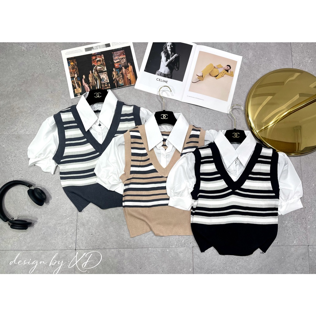 Áo len sọc pha sơ mi lên phom hách tuổi phong cách HQ hàng QC