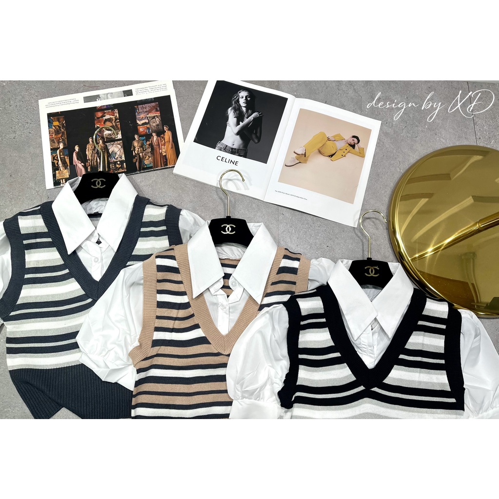 Áo len sọc pha sơ mi lên phom hách tuổi phong cách HQ hàng QC