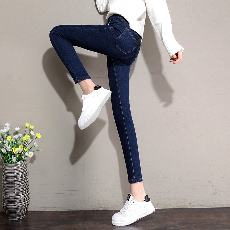 Women's high-waisted fleece jeans blue / black stretch quần cắt