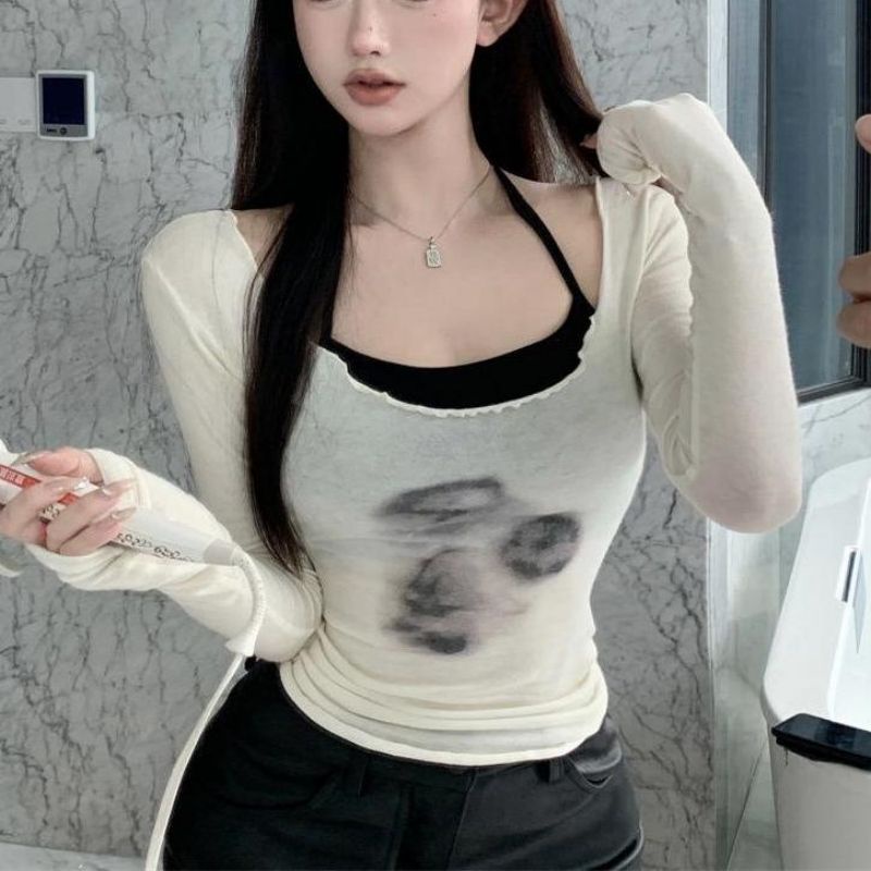 Áo Thun Tay Dài 2 Dây Dáng Ôm Thời Trang Hàn Quốc Dành Cho Nữ