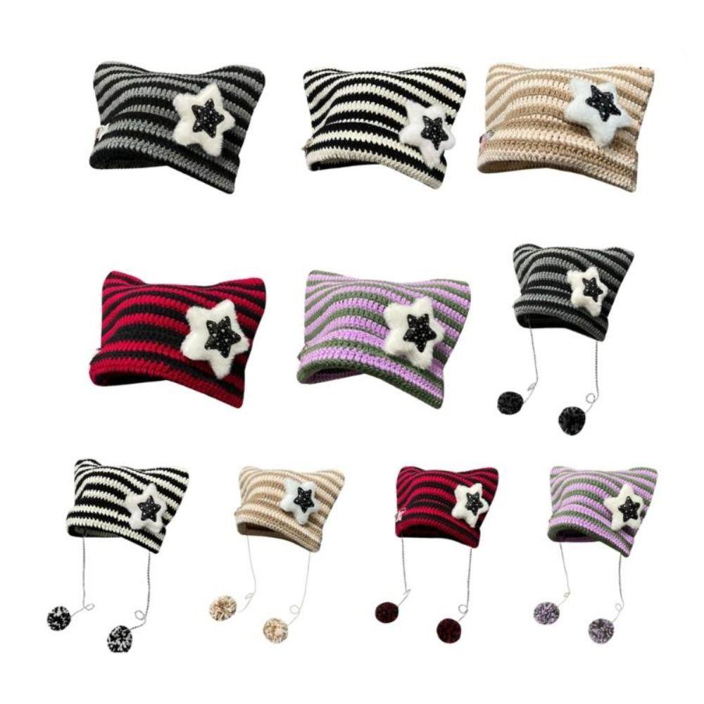 Muvako Mũ len dệt kim, với mũ chui đầu năm cánh pompom, quỷ nhỏ sọc tai mèo dễ thương mũ beanie thu đông