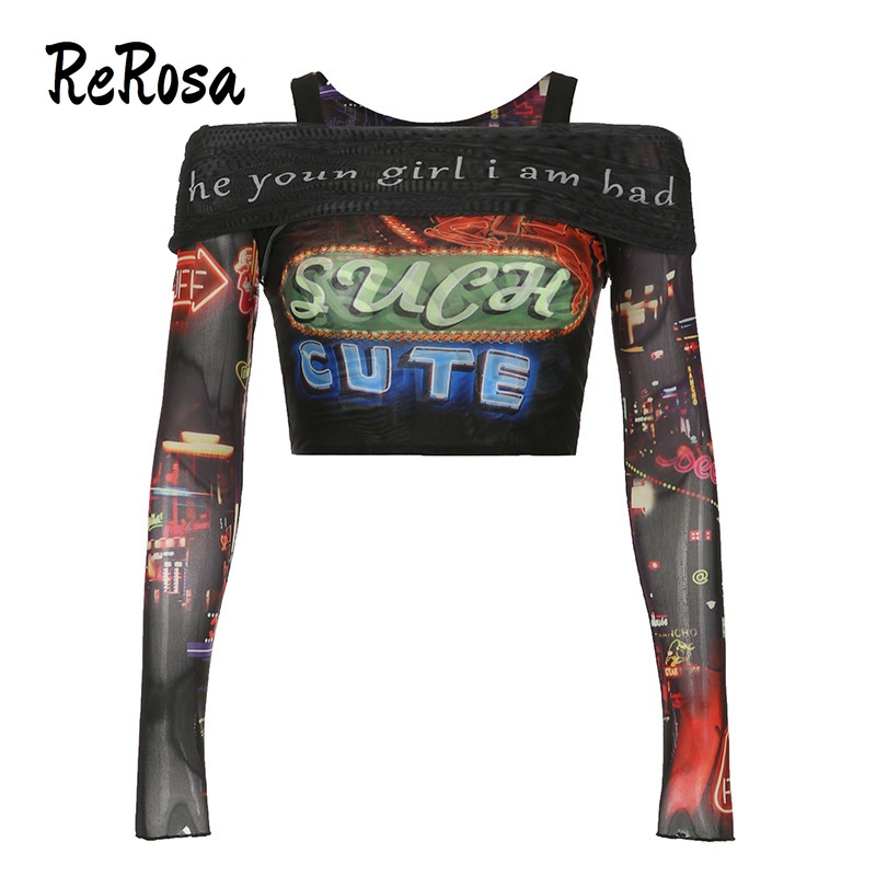 Rerosa women t-shirt chữ in màu tương phản 2023 phong cách mới slim fit dài tay trễ vai