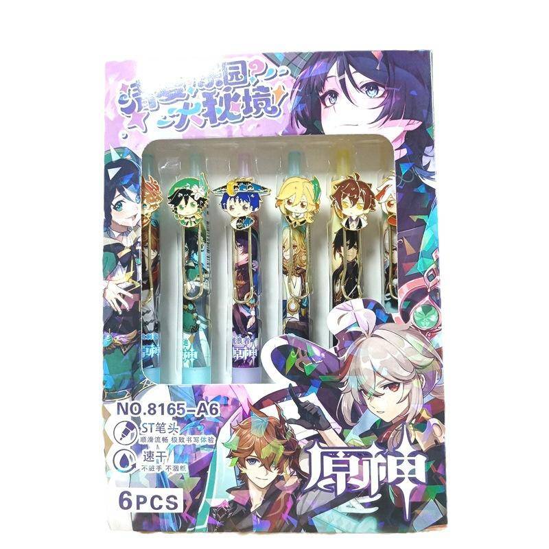 6 cái / gói hợp kim kim loại trò chơi genshin impact cartoon 0.5mm mực đen bút gel wanderer tartaglia barbatos kaveh zhongli kaedehara kazuha bút ký quà tặng ngày trẻ em