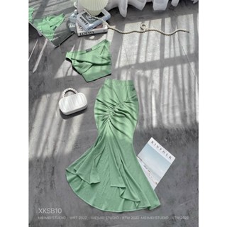  Set Lavi áo xoắn chân váy dúm - Áo dáng croptop chân váy midi xẻ đùi - Vải nhăn thoáng mát | XKSB10 | Meimei Studio 