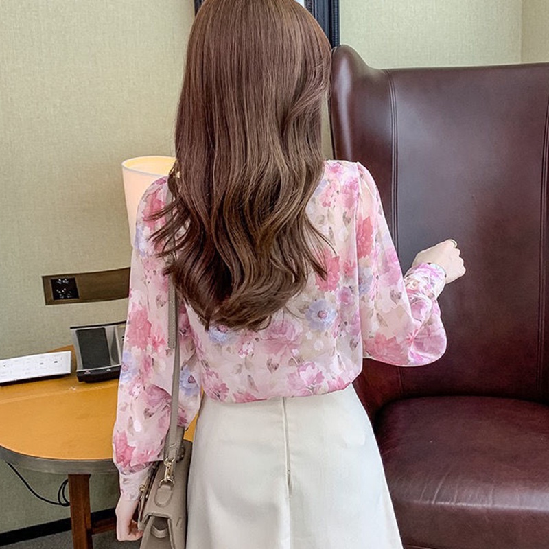 IELGY Áo Kiểu Nhún Bèo Phối Dây Xích Ngọc Trai Phong Cách Pháp Thời Trang Sang Trọng Cho Nữ