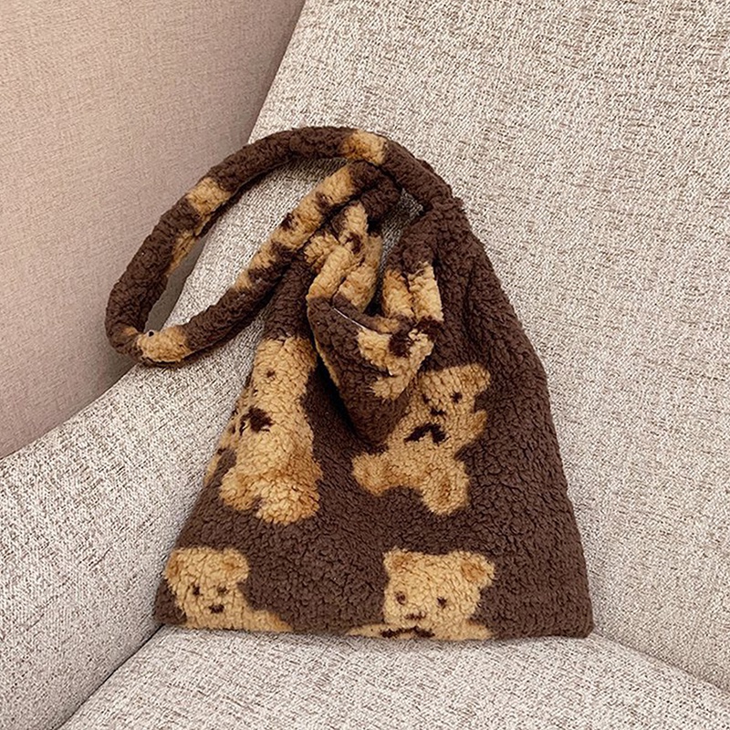 Fancy Túi Tote Xách Tay Bằng Vải Bố Mềm Mại Sức Chứa Lớn Phối Lông Cừu Như Gấu Dành Cho Bạn Nữ