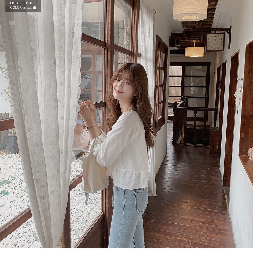 Áo sơ mi SUXI tay dài cổ vuông dáng rộng đơn giản phong cách Hàn Quốc thời trang