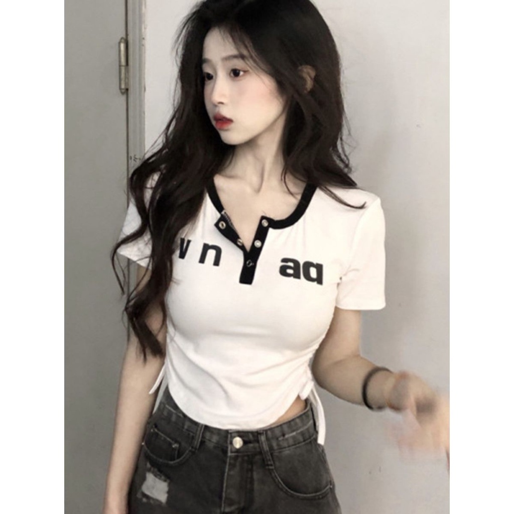 Áo Thun Crop Top Tay Ngắn Cổ Chữ v Lệch Vai Phong Cách Thời Trang Mùa Hè Mới Dành Cho Nữ