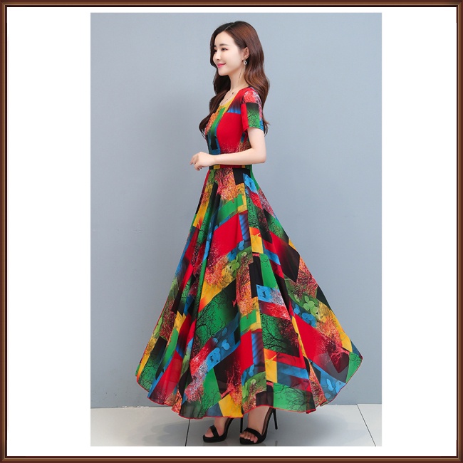 Đầm Dài Dáng Chữ A Tay Ngắn Cổ Tròn Họa Tiết Hoa Thời Trang Cho Nữ