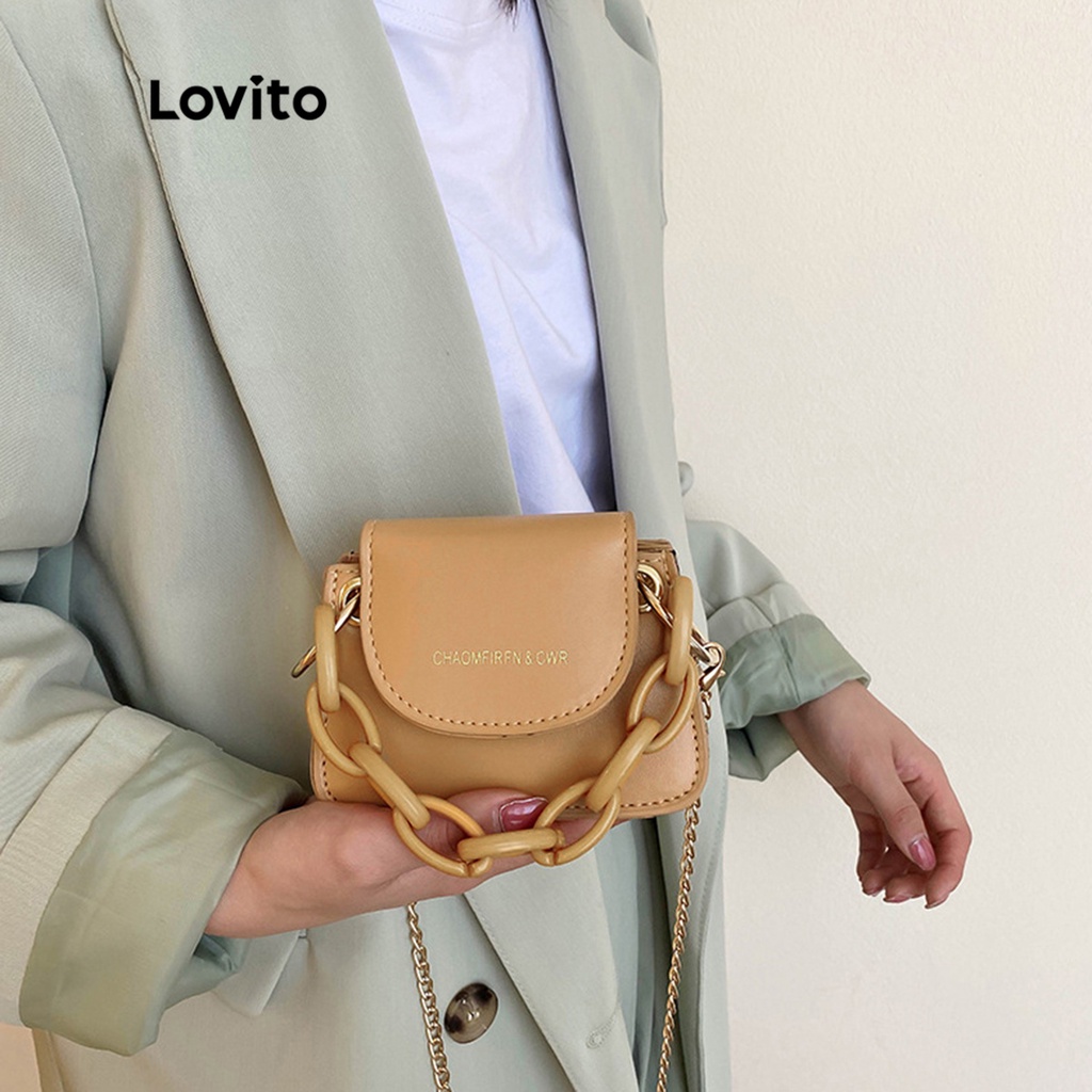 Túi hobo LOVITO tròn chuỗi dây xích họa tiết chữ cái thanh lịch cho nữ L48BA035 (kaki/ trắng/ hồng/ đen)