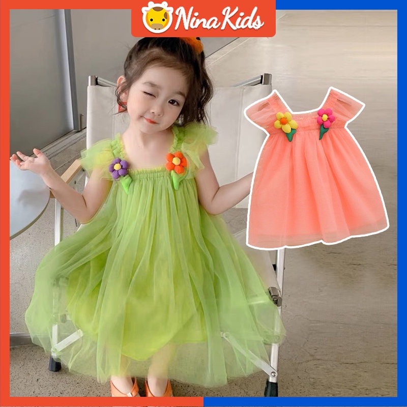 Đầm Công Chúa Không Tay Phối Lưới Họa Tiết Hoa Thời Trang Mùa Hè Cho Bé Gái 0-5 Tuổi