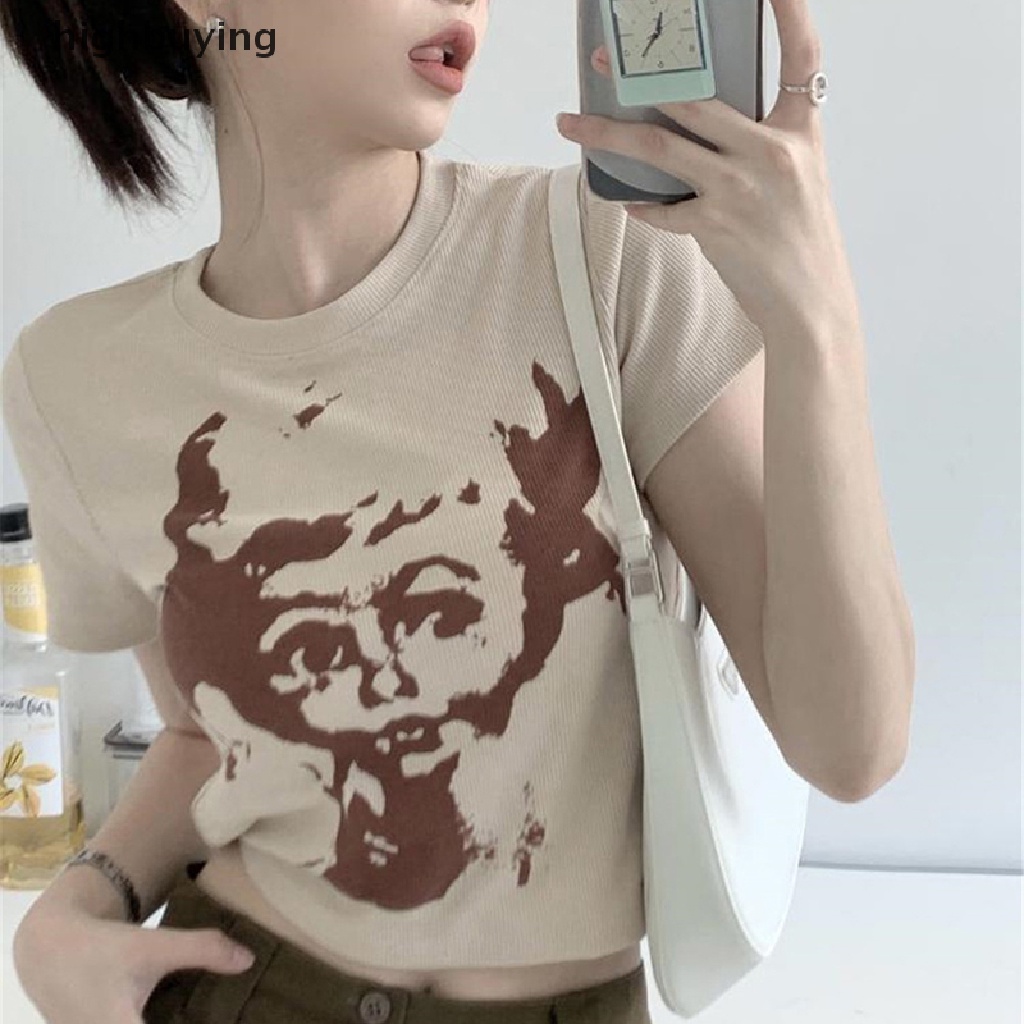 Áo Thun Lửng Ngắn Tay Cổ Tròn In Họa Tiết Phong Cách Retro Mỹ