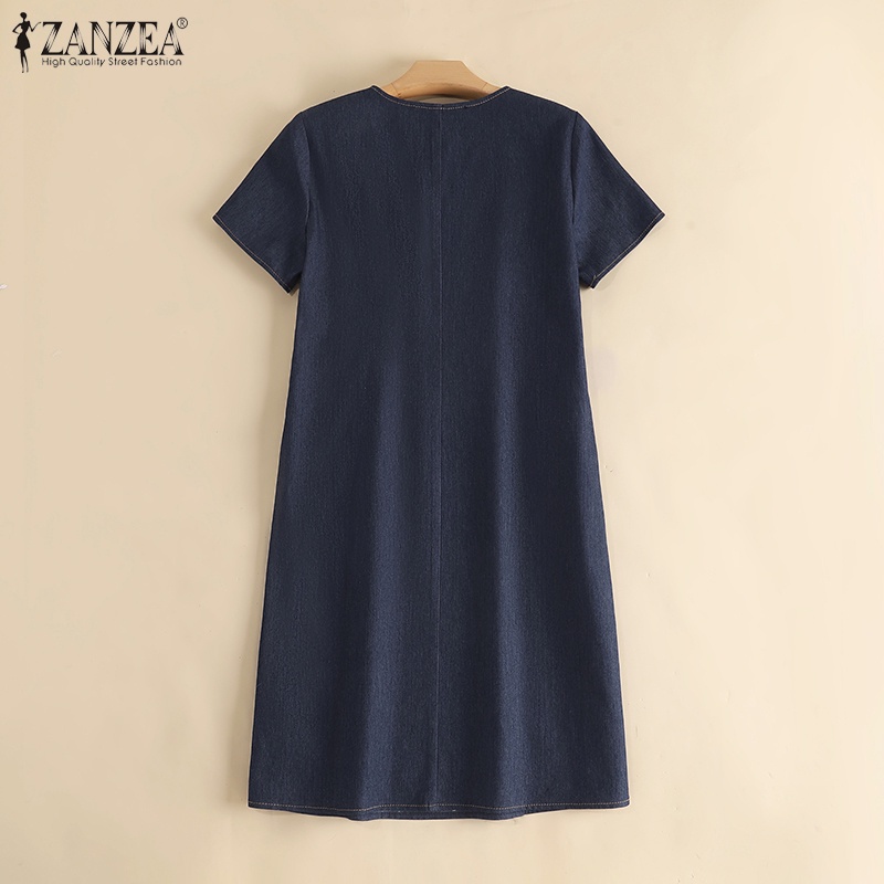 Đầm denim ZANZEA ngắn tay thời trang Hàn Quốc cho nữ