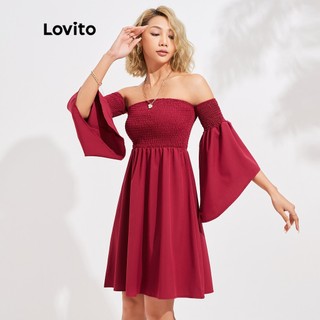 Đầm LOVITO hở vai tay phồng bong bóng phong cách cổ điển cơ bản L16D001 (màu đỏ)