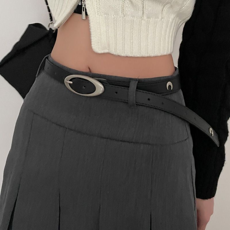 Thắt Lưng Da PU Khóa Kim Loại Hình Mặt Trăng Đen Phong Cách Gothic Cổ Điển Cho Nữ