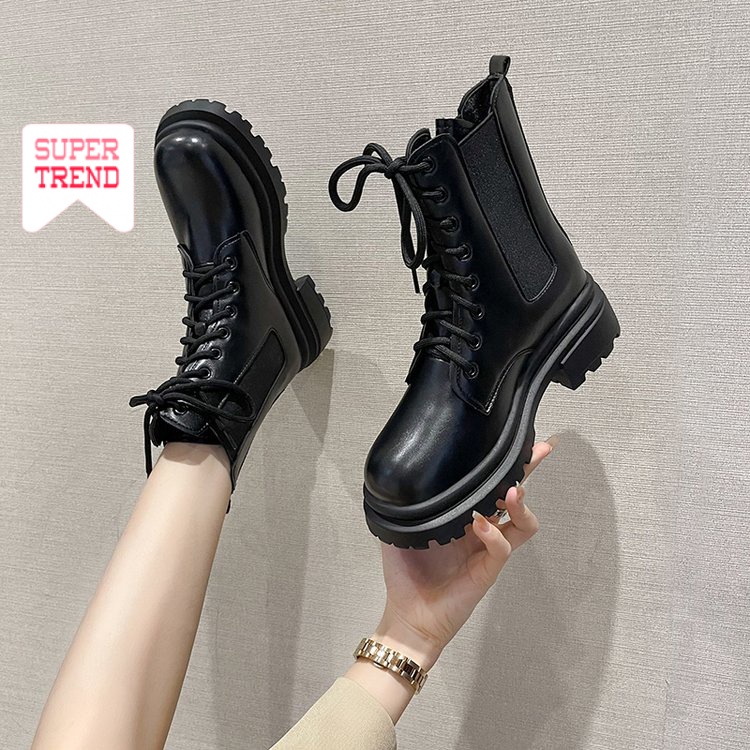 Giày Ống Ngắn Cột Dây Phía Trước Màu Trơn Cổ Điển Đơn Giản Thời Trang