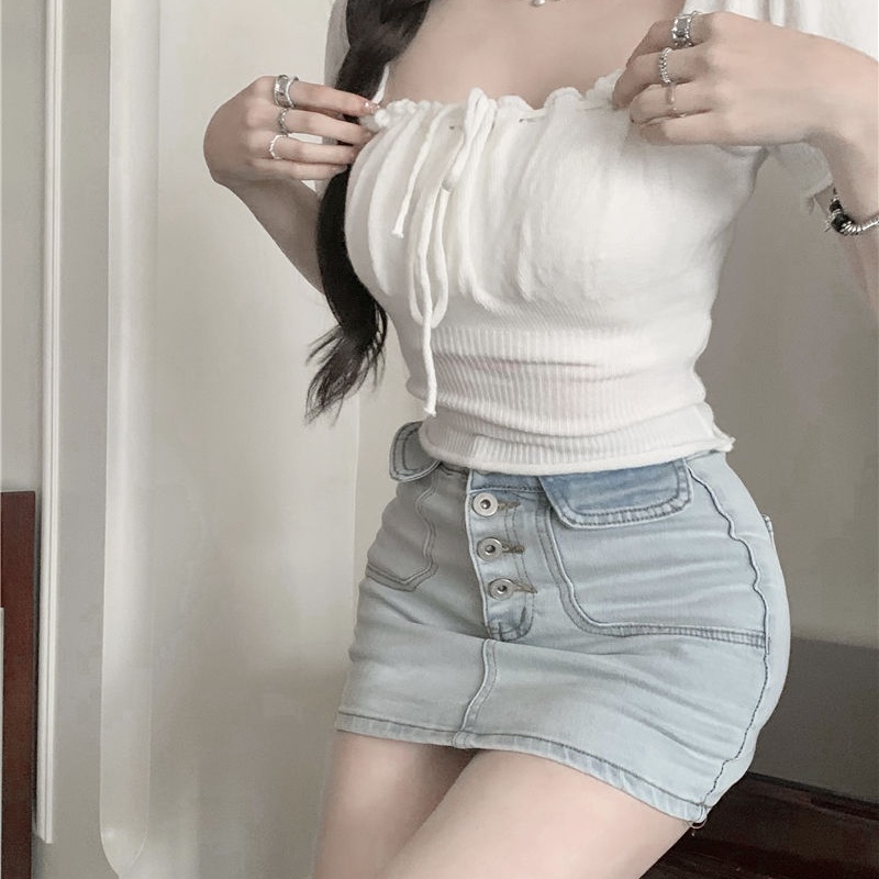 COZOK Áo Thun Dệt Kim Ngắn Tay Cổ Vuông Cột Dây Thời Trang Trẻ Trung