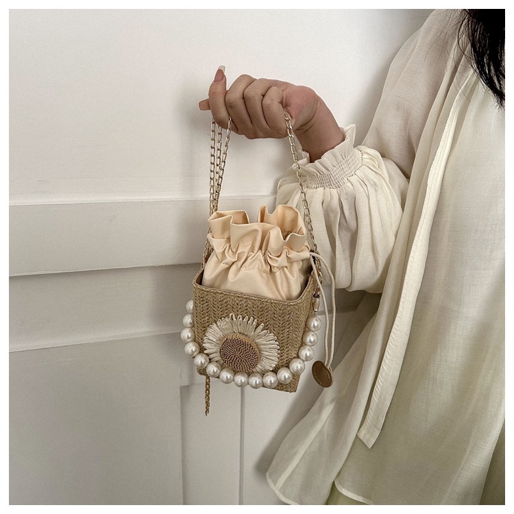 Túi Xách JASMIN NOIR Đeo Chéo Đan Lát Hình Vuông Đính Ngọc Trai Thời Trang Cho Nữ