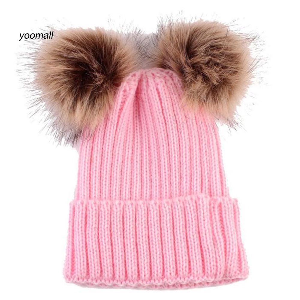 Mũ Beanie Đan Len Đính Quả Bông Mềm Mại Giữ Ấm Mùa Đông Cho Bé Trai / Gái