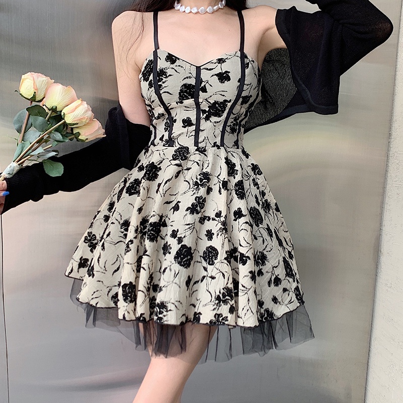 IELGY  Đầm Hai Dây Phối Lưới Họa Tiết Hoa Dáng Ôm Thời Trang Cho Nữ