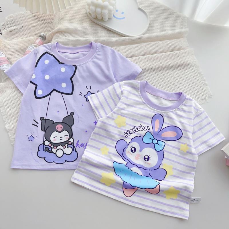 Áo Thun Cotton Ngắn Tay Họa Tiết Kẻ Sọc Thời Trang Mùa Hè 2023 Cho Bé Gái Hoạt Hình
