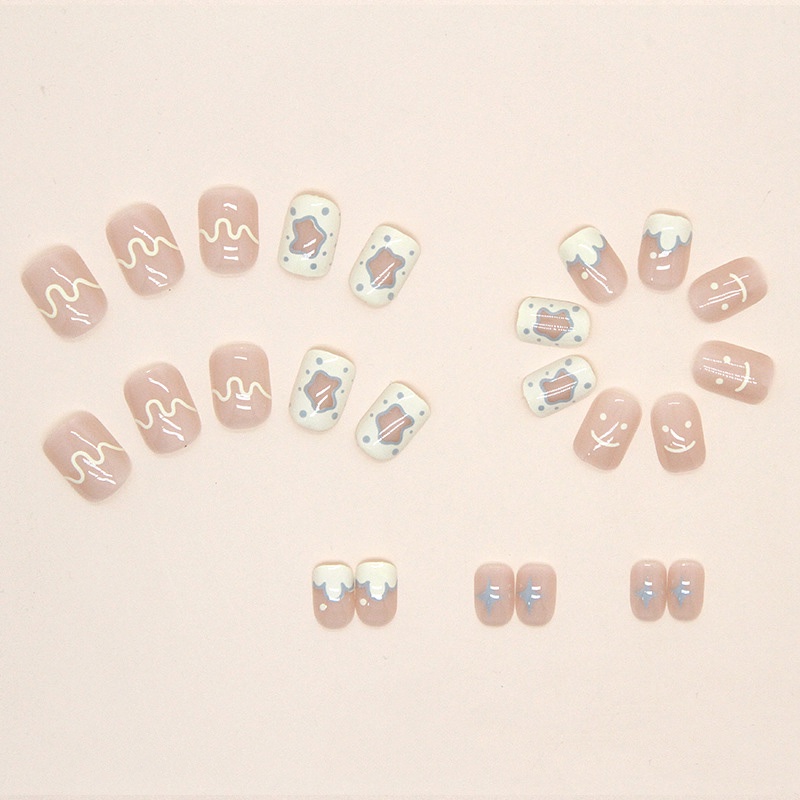 Bộ 24 Móng Tay Giả Hình Vuông Họa Tiết Mặt Cười Màu Vàng Nhạt R757