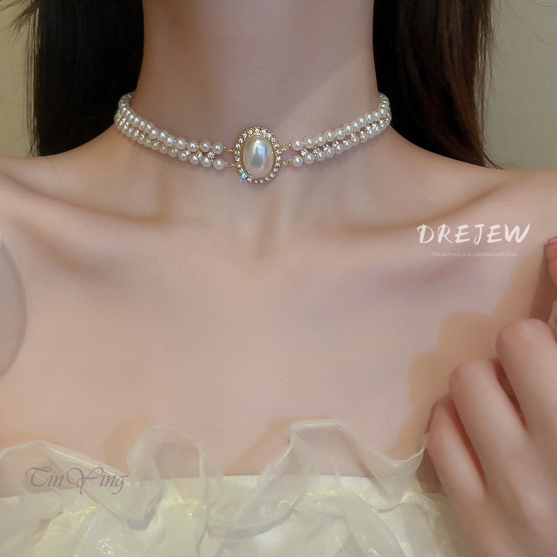 GETNOIVAS Vòng cổ Hai Lớp Hình Oval Đính Ngọc Trai Sáng Tạo Thời Trang
