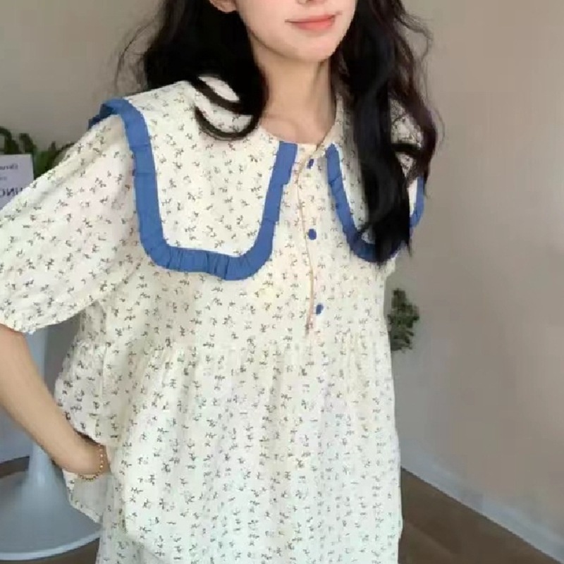 Bộ Đồ Ngủ Cổ Búp Bê Dáng Rộng Họa Tiết Hoa Dễ Thương Cho Nữ La228