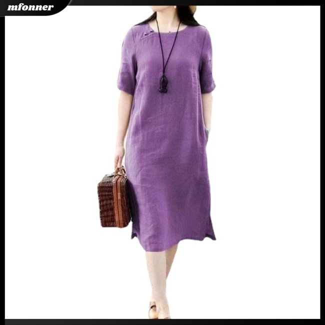 Đầm Midi Cotton Lanh Tay Ngắn Dáng Rộng Màu Trơn Thời Trang Trung Hoa Cho Nữ
