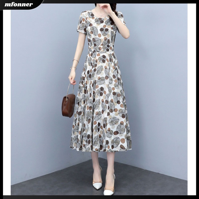 Đầm Dài Ôm Dáng Tay Ngắn Cổ Tròn In Họa Tiết Chấm Bi Kích Thước Lớn Thời Trang Mùa Hè Cho Nữ