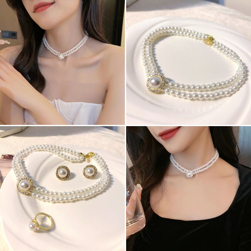 Set Vòng cổ Ba Món Đính Ngọc Trai Phong Cách Pháp Cổ Điển Sang Trọng Cho Nữ 2023
