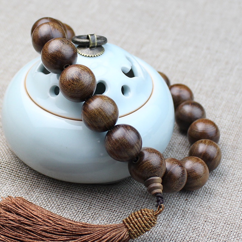 Hạt Gỗ Đàn Hương Lụa Vàng Một Mảnh Treo Trang Trí Gương Chiếu Hậu Xe Hơi Hạt Rosary