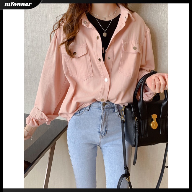 Áo Sơ Mi Denim Tay Dài Dáng Rộng Màu Sắc Đơn Giản Cho Nữ