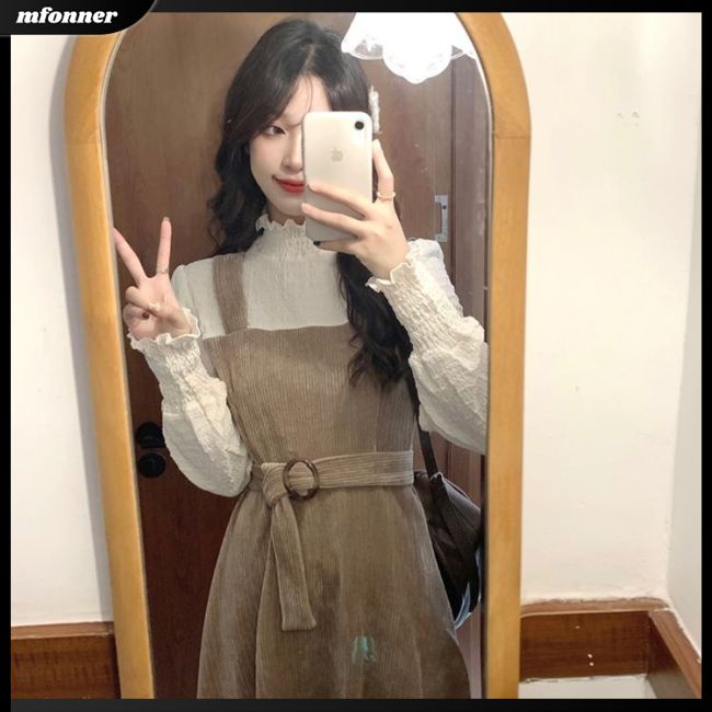 Đầm Tay Dài Giả Hai Lớp Phối Bèo Giả Hai Lớp Kèm Thắt Lưng Thời Trang Cho Gia Đình